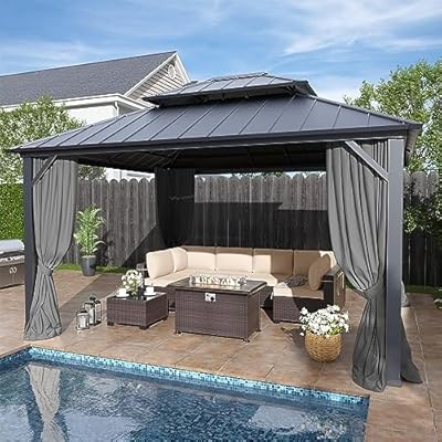 12' x 14' Hardtop Gazebo,Outdoor Galvanized Steel Metal Double Roof Gazebo with Curtains and Netting for Patios,Gardens,Lawns,Grey