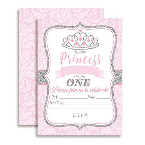 Pink and Silver Damask Princess Birthday Party Invitations for Girls, 20 5x7 Fill In Cards with Twenty White Envelopes by AmandaCreation