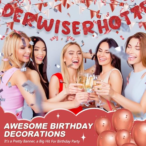 Image of Fulmoon Set of 3 Pre Strung Older Wiser Hotter Glitter Banner Funny Birthday Banner for Women 30th 40th 50th 60th 70th 80th Birthday Party Decorations Sign Gift(Red)