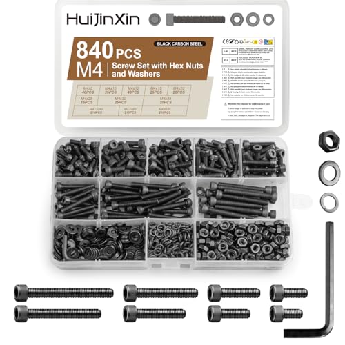840 Stück M4 Schrauben Set, Innensechskantschrauben Muttern Set, Zylinderschrauben mit Muttern mit Unterlegscheiben Sets, Schwarz Maschinenschrauben Sortiment, Gewindeschrauben Set