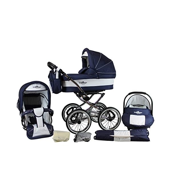 Bergsteiger Venedig Nostalgie Kinderwagen 3 in 1 Retro Kombikinderwagen Megaset 10 teilig inkl. Babyschale, Babywanne, Sportwagen und Zubehör (marine/white)