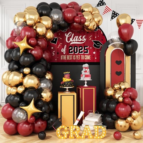 Image of Black Burgundy Gold Balloon Arch Kit, Maroon Red Balloon Garland with Stars