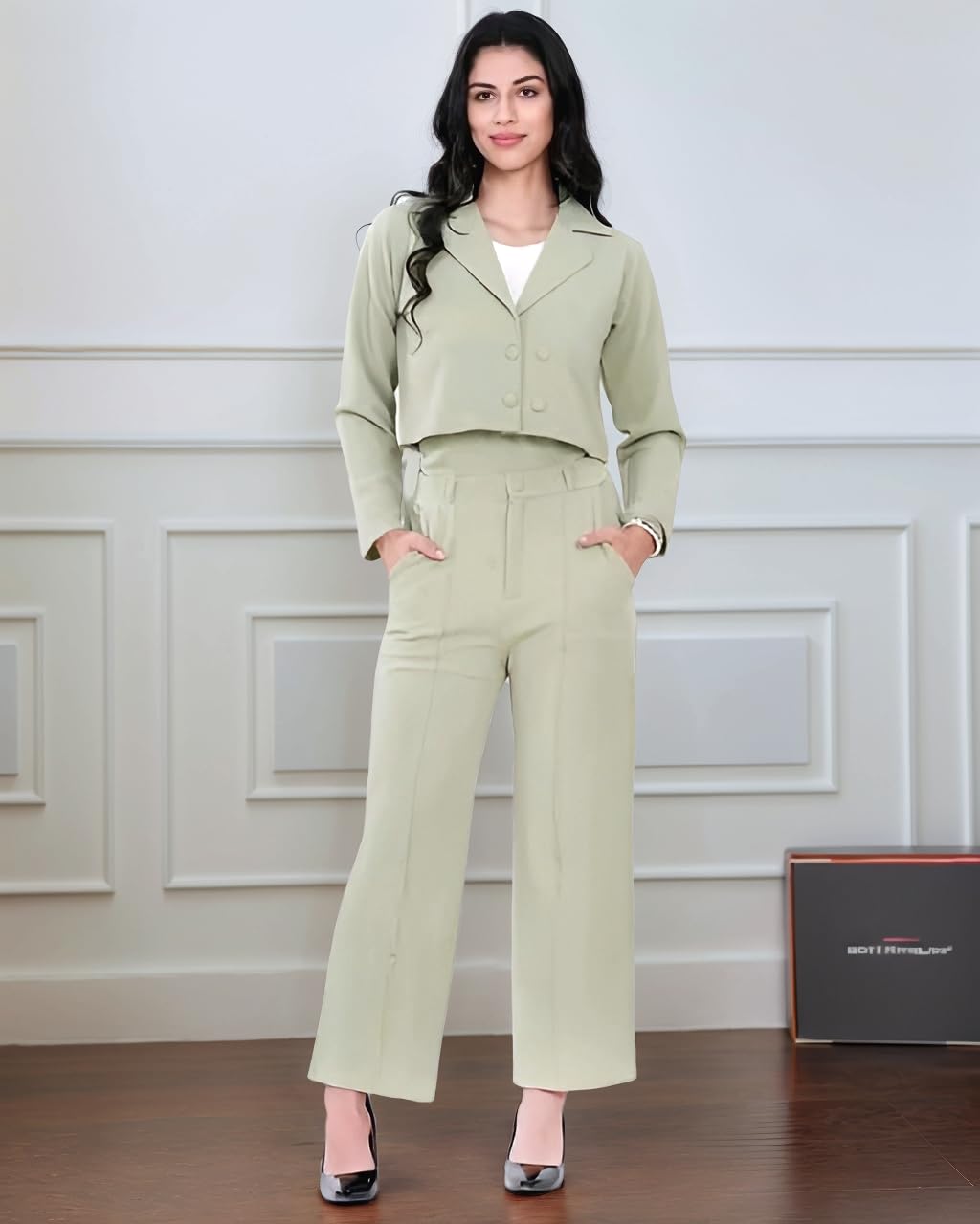 Women's Two Piece Co-ord Set, Sage Green, Cropped Blazer with Wide Leg Trousers, Polyester Cotton Blend, Formal Workwear(Multicolor)