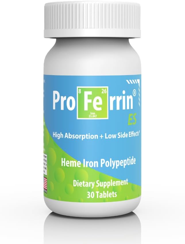 ES- 10.5mg of high Absorbing Heme Iron Polypeptide. Made in the USA. 30 Tablets. Easy on the Gut. Not affected by Coffee, Calcium, or PPI's.