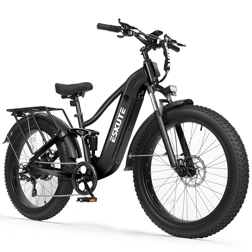ESKUTE Electric Bike for Adults - 48V20.8Ah Battery Ebike up to 80 Miles, 32+MPH, Peak 1500W Brushless Motor, 26x4.0 Fat Tire Step-Over Mountain Ebike, Full Suspensions E-Bike, ABlack