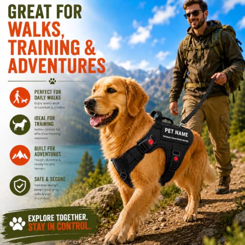 Image of Customized Tactical Dog Harness with Leash | Dog Training Belt with Name | Adjustable Size for Large Dogs | Recommended for 25-40 Kg Pet (Black, L)