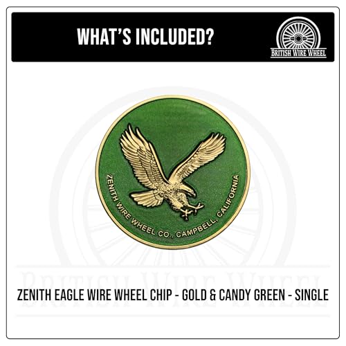 Image of Zenith Eagle Gold & Candy Green Metal Wheel Chip Emblem (Single) | 24K Triple Gold Plated Solid Metal Wheel Chip Emblem, 2.25 inch | for Lowriders with Recessed Knock Off Spinner Caps