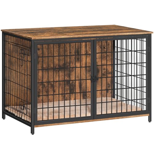 Dog-Crate-Furniture-with-Cushion-Wooden-Dog-Kennel-with-Double-Doors-Heavy-Duty-Dog-Cage-for-SmallMediumLarge-Dogs-Indoor-Dog-House-End-Table-394-L-Rustic-Brown-DCHR10701 Dog Crate Furniture with Cushion Wooden Dog Kennel with Double Doors Heavy Duty Dog Cage for SmallMediumLarge Dogs Indoor Dog House End Table 394 L Rustic Brown DCHR10701