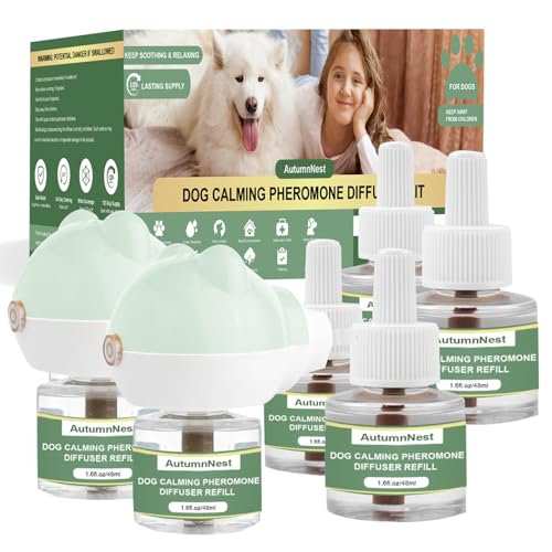 Image of Dog Pheromone Diffuser Kit, Pet Diffuser for Stress Support, Reduces Stress and Promotes Relaxed Behavior, 2 Plug-in + 4 Packs Refill, 120 Day Supply (Non-Toxic, Safe & Inedible), Diffuser with Light