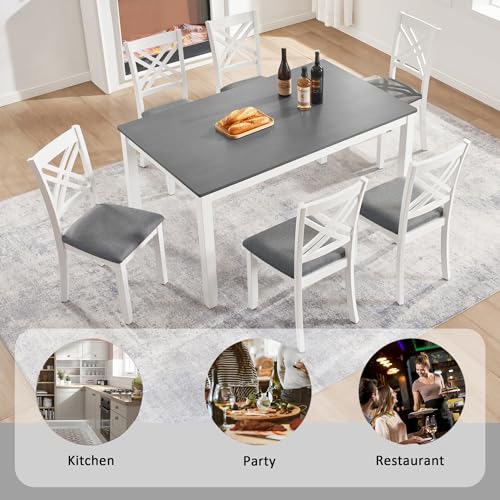 Image of Harper & Bright Designs 58.5 inch Lx34.5 W Solid Wood 7-Piece Dining Table Set for 6, Grey White Two-Tone Kitchen Dining Room Set with 6 Upholstered Chairs, Rubber Wood Frame, 330LBS Capacity