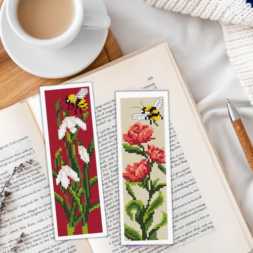 Image of INFUNLY 6pcs DIY Tulips Cross Stitch Bookmark Kits for Adults Beginner 2.99''x8.54'' Calla Stamped Embroidery Bookmark Kit with Instruction Daisy Freesia Embroidery Bookmark Set for Book Lovers