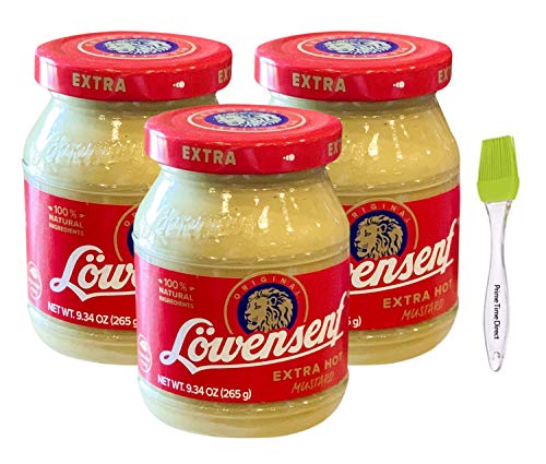 Lowensenf Extra Hot German Mustard, 9.3 oz (3 Pack) Bundled with PrimeTime Direct Silicone Basting Brush in a PTD Sealed Bag
