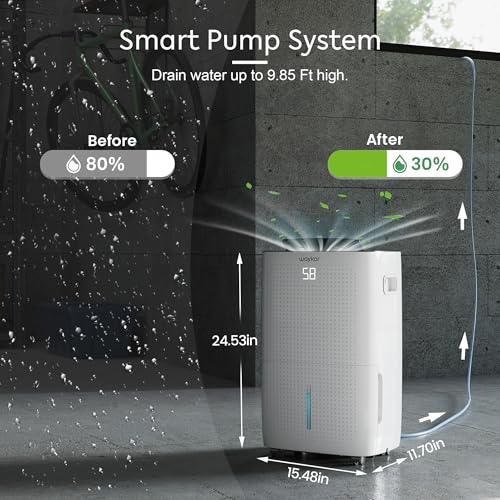 Image of Waykar 150 Pint 7,000 Sq.Ft Dehumidifier with Pump for Basement & Home, Large Room, Smart Compressor Dehumidifier with Drain Hose & Tank for Commercial, 30-80% RH Control, 90 Auto Swing, Auto Defrost