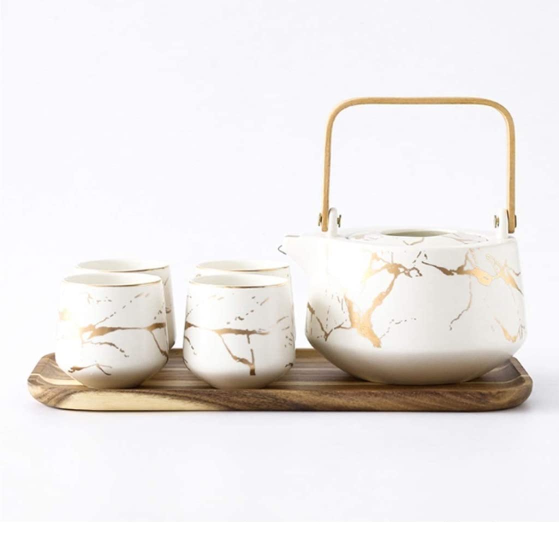 Juego De Té, Juego De Tazas De Café, Juego De Tazas De Té, Juego De Té De Cerámica, Tetera Grande De Cerámica, 4 Tazas De Té con Bandeja De Madera, Juego De Tazas De Té (Blanco, 6 Piezas)