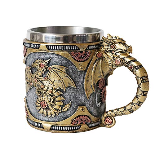 Steampunk Gearwork Mechanical Dragon Mug - Medieval Renaissance Dragons Beer Stein Tankard Stainless Coffee Cup Gift Mug For Dragon Collector Lovers Themed Party Decoration (14OZ)