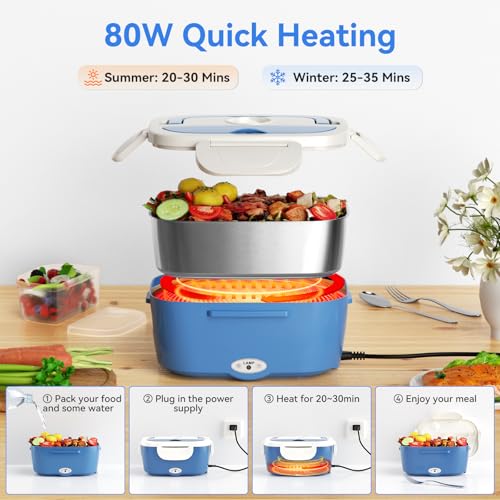 Image of Vingud Electric Lunch Box for Adults, Heated Lunch Box Food Warmer, 80W Portable Heating Lunchbox for Men /Car /Truck with 1.5L Stainless Steel Container, 12V /24V /110V Lonchera Electrica Portatil Gift