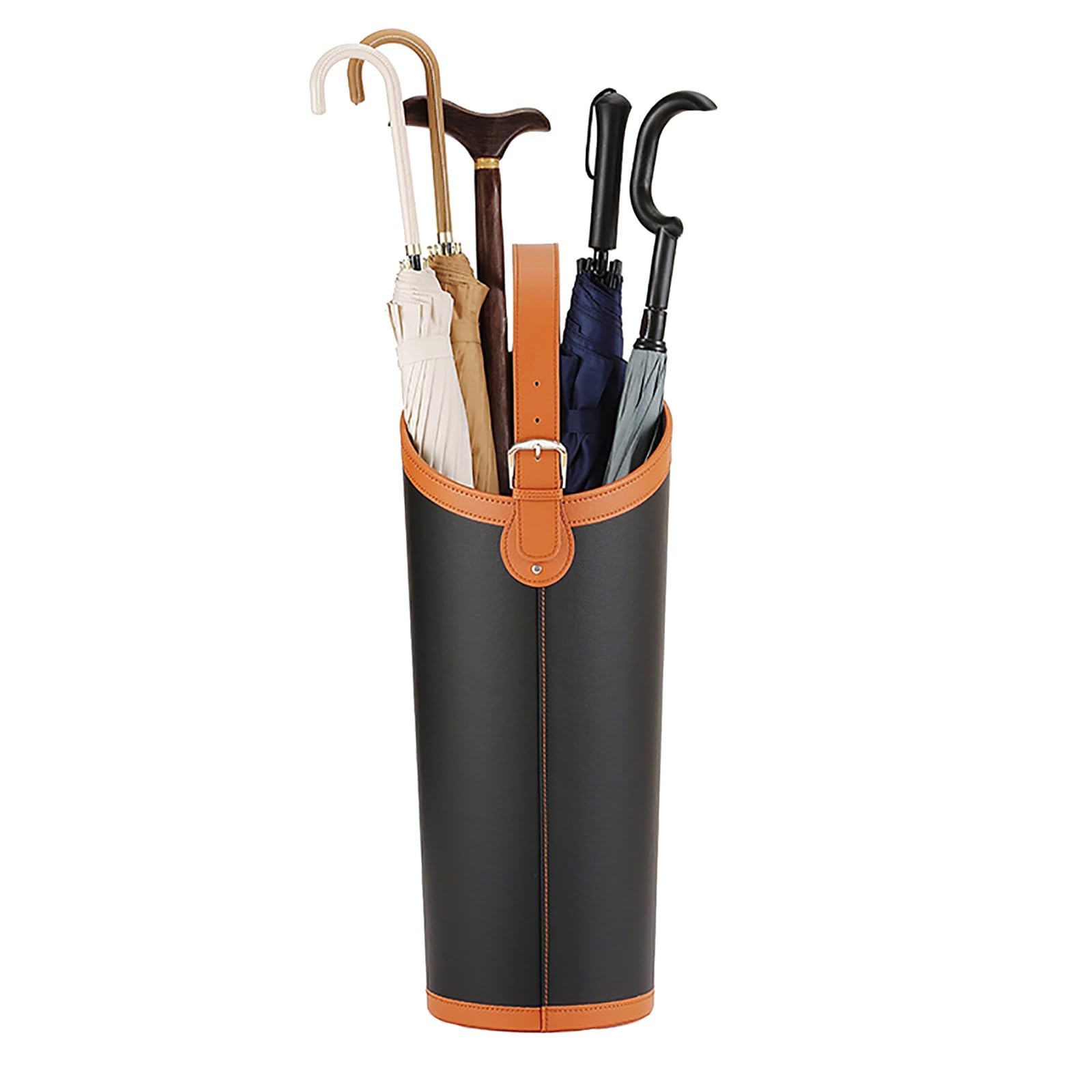 HYLYGFH Large Capacity Black Leather Umbrella Stand Holds 510 Long Umbrellas Drip Tray & Hooks for Home Office Garage Decks20x57cm (7.9x22.4in)