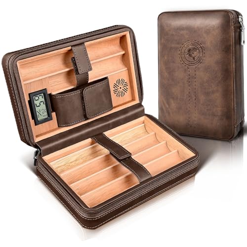 Cigarol Travel Cigar Humidor Leather Cedar Wood Lined Cigar Case with Hygrometer & Humidifier Portable Humidor Cigar Box for 6 Cigars Gift Box - Ideal for Cigar Lovers Husband Father (Dark Brown)