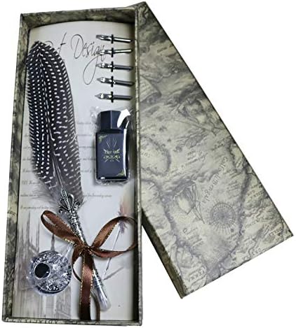 Vintage Antique Feather Pen Stem Metal Writing Quill Pen Set Calligraphy Pen Metal Carving Appearance,with 5 PCS Nibs (Night owl)