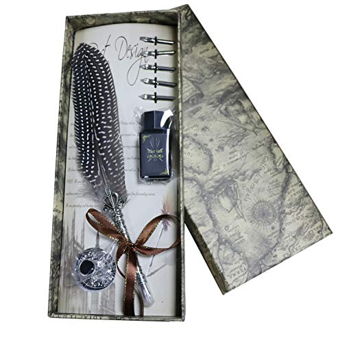 Vintage Antique Feather Pen Stem Metal Writing Quill Pen Set Calligraphy Pen Metal Carving Appearance,With 5 Pcs Nibs (Night Owl) #TOP2