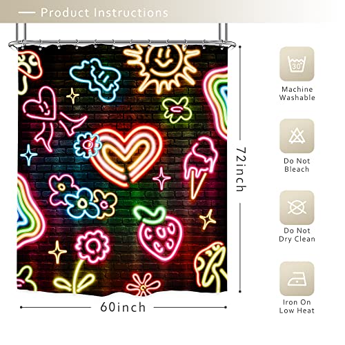 Riyidecor 60S 70S Neon Shower Curtain 60Wx72H Inch Glow Rainbow Flower Heart Y2K Graffiti Brick Wall Modern Unique Gorgeous Artistic Bathroom Decor Fabric Polyester Waterproof 12 Pack Hooks #TOP2