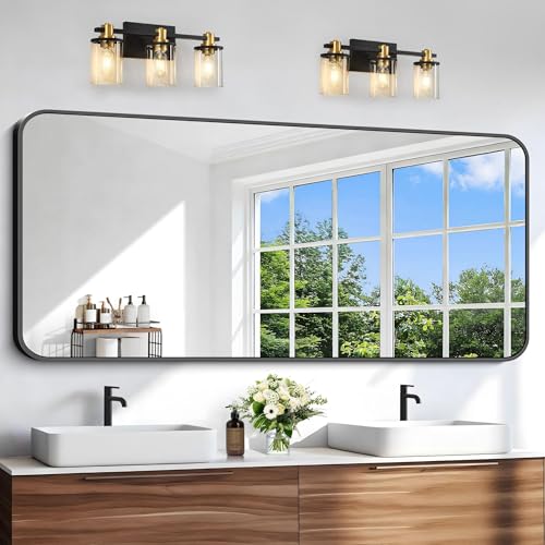 Image of Black Bathroom Mirror, 66x30 inch Aluminum Metal Frame Rectangular Vanity Mirror, Large Wall Mounted Rectangle Mirrors with Rounded Corner for Over Sink Bedroom Living Room Horizontal /Vertical