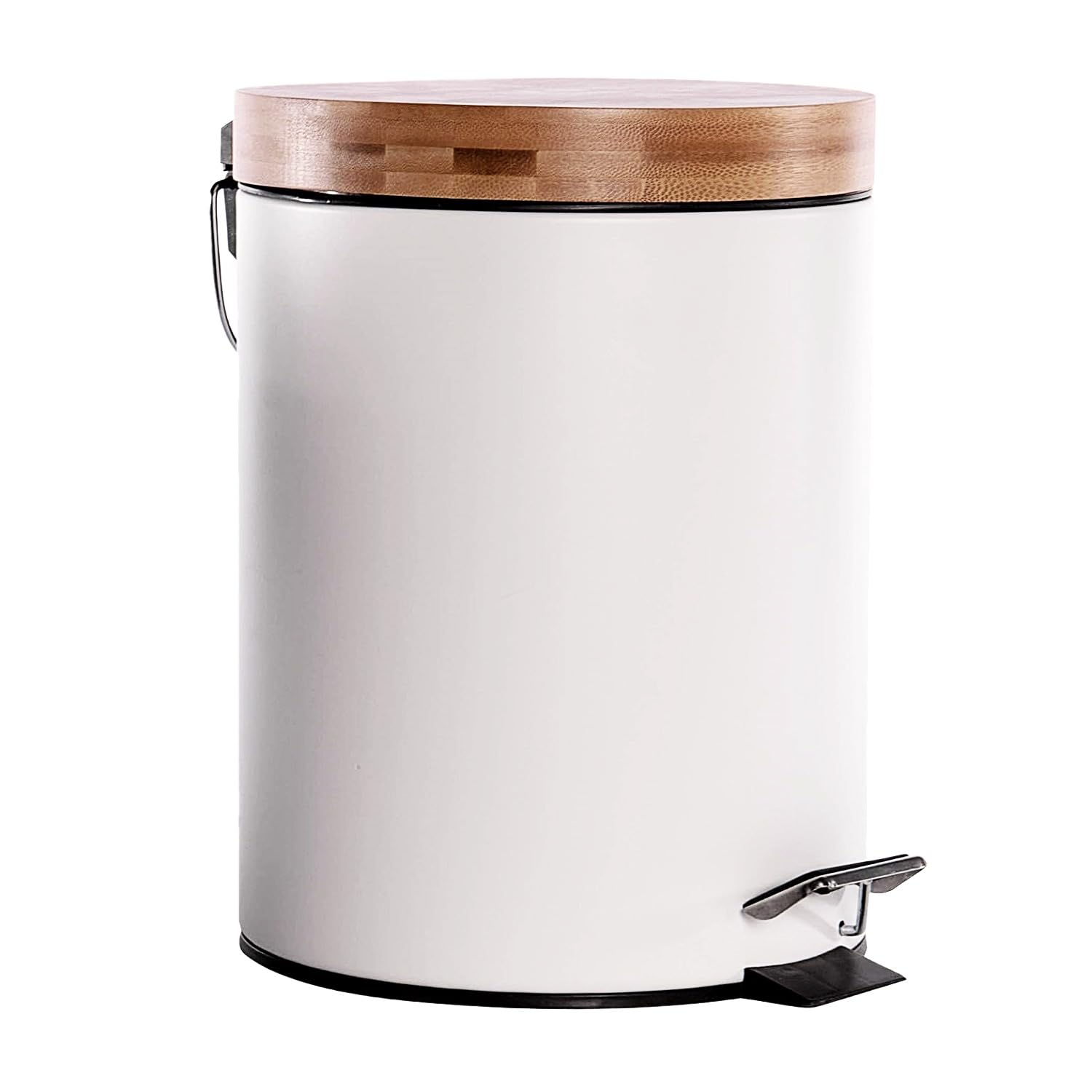 MAGNA RETAIL Metal Bathroom Bin with Bamboo Lid | White Pedal Bin | Dustbin for Bathroom | Removable Bucket | Soft Close | Compact Design | Toilet Trash Can (5 Litre)