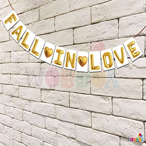 Image of Wobbox White & Golden Balloon Text inchFall In Love inch Bunting Banner for Anniversary, Pre-Wedding & Wedding, Love Banner for Decoretion