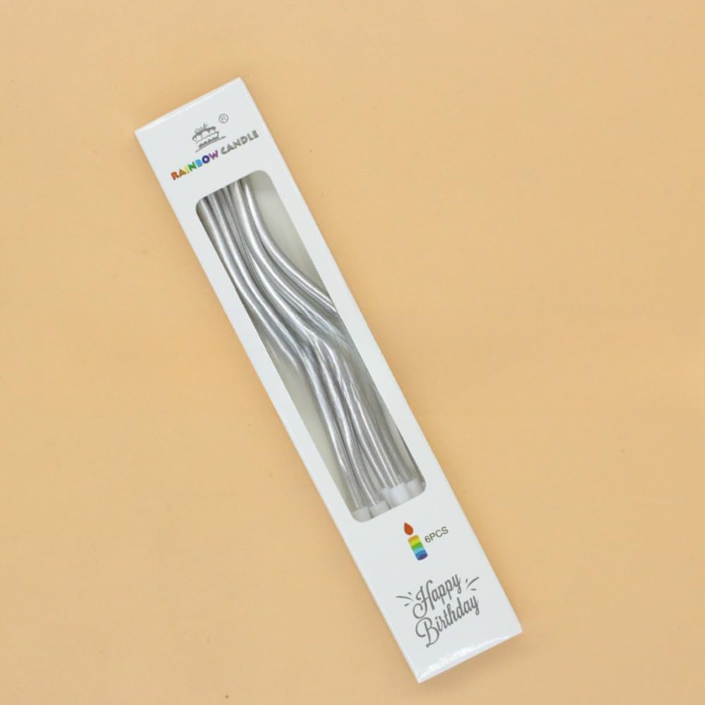 Rainbow Spiral Birthday Candles, Curved Design, Decorative Cake Candles, Multicolour (Silvery)