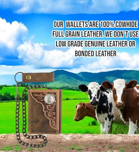 Image of F&L CLASSIC RFID Blocking Men's Tri-fold Vintage Biker Cowhide Leather Steel Chain Wallet,Snap closure, brown, western style,315-82
