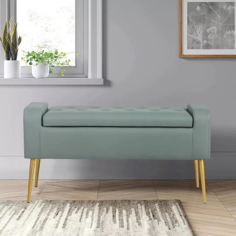 Image of Upholstered Ottoman Bench with Gold Metal Legs for Bedroom & Living Room | 2 Seater Tufted Entryway Bench Sofa with Storage Look | Modern End of Bed Seating Bench, Compact Footrest Stool, Sage Green