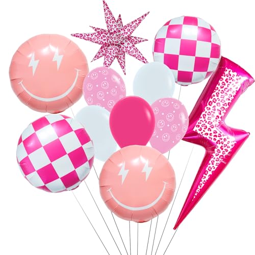 Image of Pink Lighting Smile Face Balloons /Pink Leopard Lighting Bolt,Checkered Balloons For Happy Dude Birthday /Preppy Y2K Party Decoration,Little Miss Threenager Girl Party,Bad Two The Bone Girl Decor