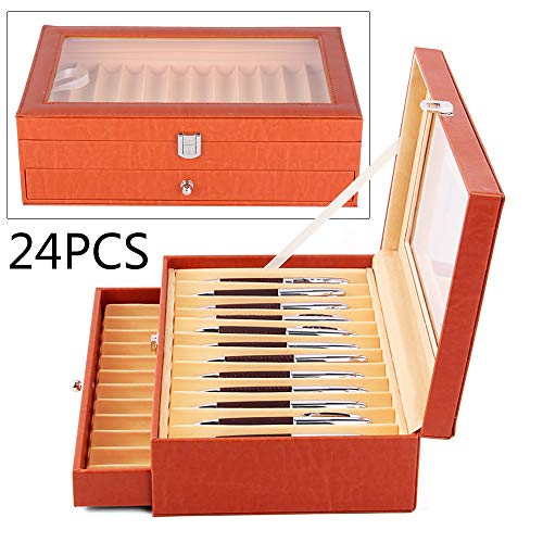Ceraburet 24 Fountain Pen Display Box, Leather Flannel Orange Pen Organizer Box, Top Glass Window Two Level Display Case With Drawer, 12 * 7.87 * 3.74In (24Piece-Orange) #TOP6