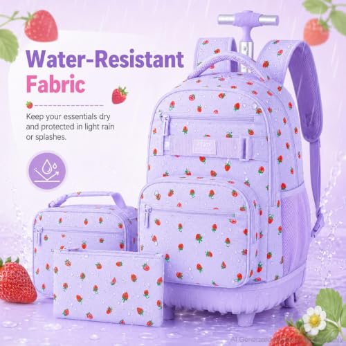 Image of 3Pcs Rolling Backpack for Girls Women, Travel Roller Backpacks with Wheels for Adults, Teens College Strawberry Wheeled Bookbag with Lunch Box (Purple)