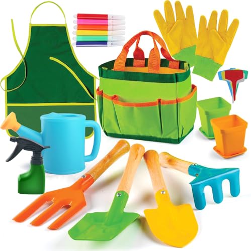 Juego de herramientas de jardinería para niños, kit de herramientas de jardín para niños con regadera, pala, rastrillo, guantes, delantal impermeable y bolsa de almacenamiento, herramienta de jardín