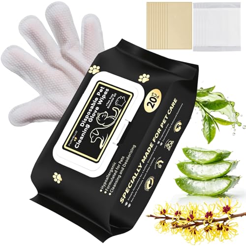 Image of Pet Glove Wipes for Dogs and Cats 20 Count Dog Cleaning Wipes for Paws and Butt Waterless Dog Bath Wipes Hypoallergenic Fragrance Free with 10 Sealing Stickers and 5 Drying Towels