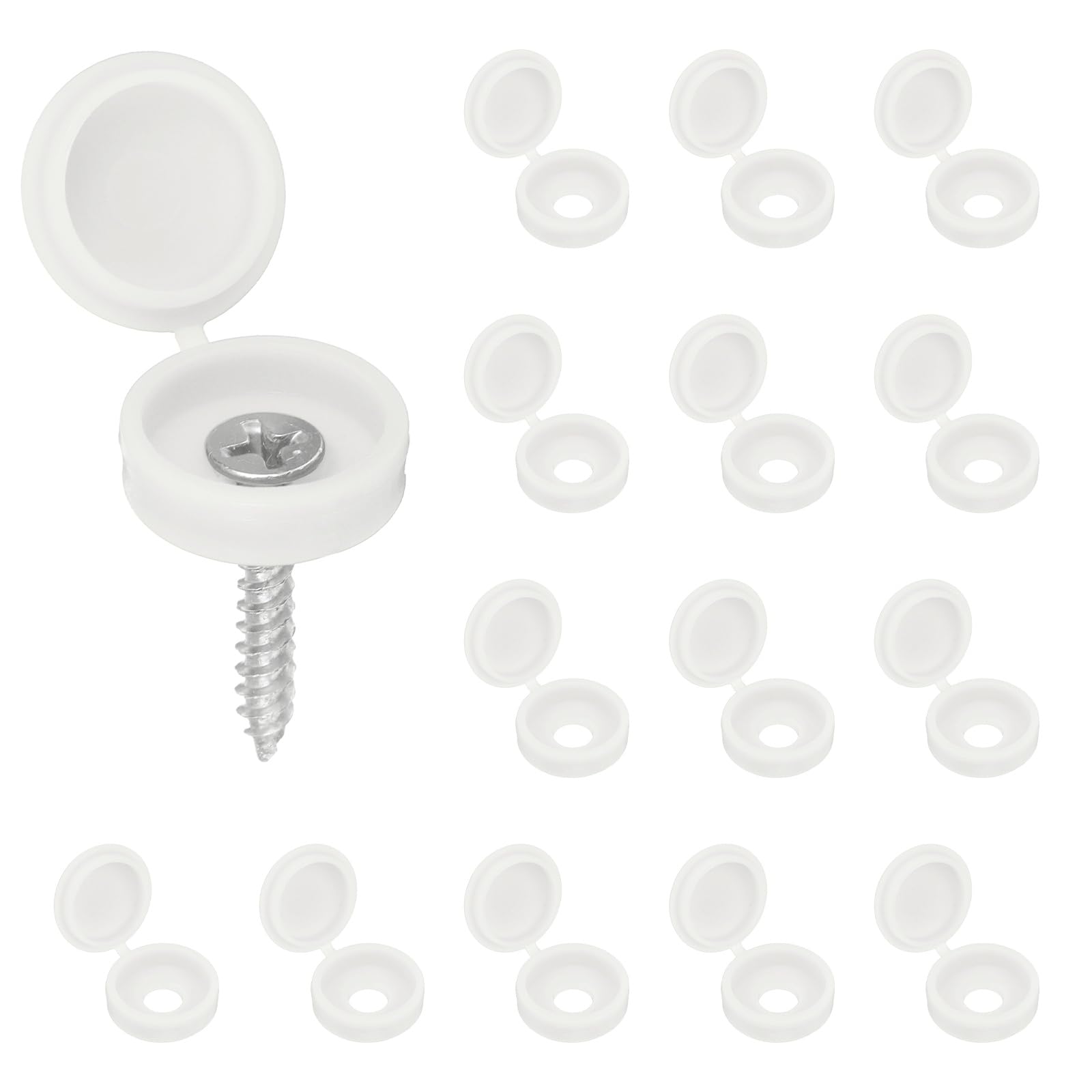 sourcing map 200pcs Plastic Hinged Screw Cover Caps 5.9mm / 0.23" Shutter Screw Caps Fold Snap Washer Covers for Windows Outside Railings Furniture, White