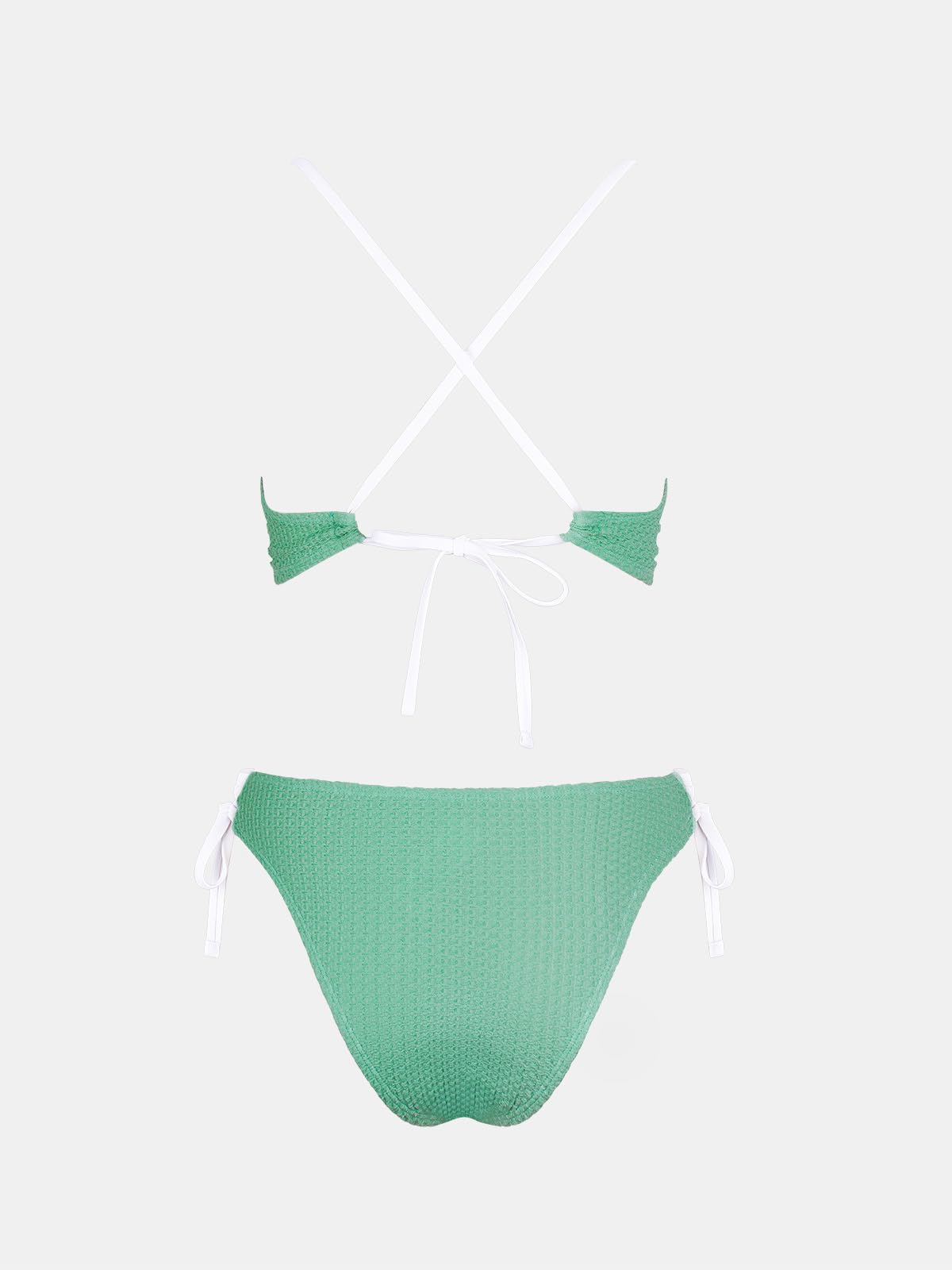 CUPSHE Conjunto de bikini para mujer, cuello en V, texturizado, espalda entrecruzada, ribete de encaje, traje de baño con cordón lateral, talle bajo