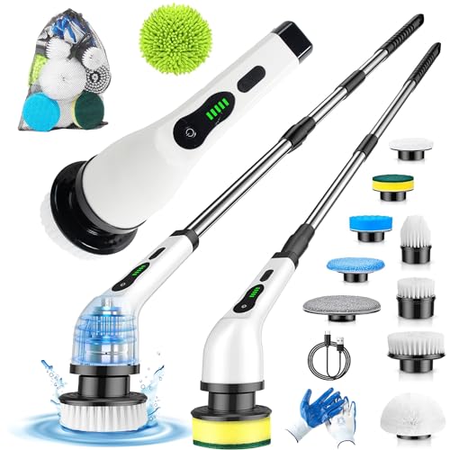 4Family Club - Cepillo Eléctrico Limpieza Hogar, Cepillo Limpeza Hogar 9 en1+Guantes+Bolsa Accesorios+Mopa Microfibra,Fregona Eléctrica, Limpieza Ducha Baño Cocina Coche, Extensible, 2 Velocidades