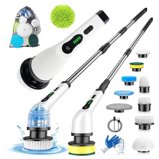 4Family Club - Cepillo Eléctrico Limpieza Hogar, Cepillo Limpeza Hogar 9 en1+Guantes+Bolsa Accesorios+Mopa Microfibra,Fregona Eléctrica, Limpieza Ducha Baño Cocina Coche, Extensible, 2 Velocidades