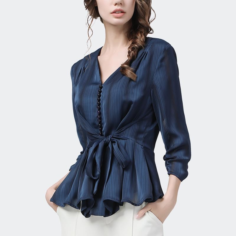 Blusas de Gasa a Rayas Azules para Mujer, Blusas Informales de Oficina con Cuello en V Ajustadas con Fajas y Mangas Tres Cuartos, Camisa (Negro XL)