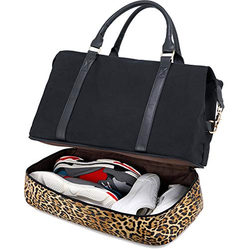 CAMTOP Canvas Weekender Bag, Travel Duffle Women Ladies Carry-on Tote with Shoe Compartment and Luggage Sleeve (Leopard-Black)