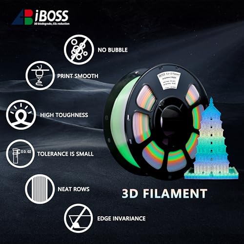 Image of iBOSS Rapid PLA+ Filament 1.75mm Luminous Rainbow, PLA Plus Glow in The Dark 3D Printer Filament 1kg Spool, Dimensional Accuracy + /- 0.02mm, Brilliant Long-Lasting Glow Rainbow 02
