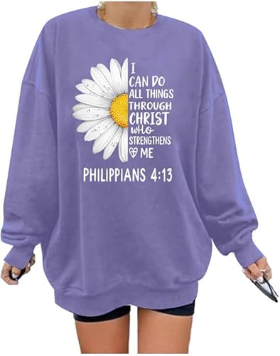 Ladicme Christian Sweatshirts For Women Oversized I Can Do All Things Daisy Graphic Pullover Top Casual Loose Fit Tops Purple