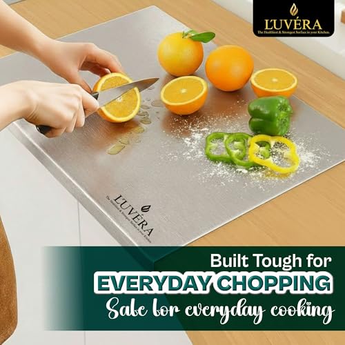 Image of L'UVERA 100% Stainless Steel Kitchen Chopping Board for Cutting Vegetables, Meat & Fruits | Rust-Proof, Odor-Free, Hygienic Food Prep | Durable, Knife-Friendly Surface | Large 36x31 CM