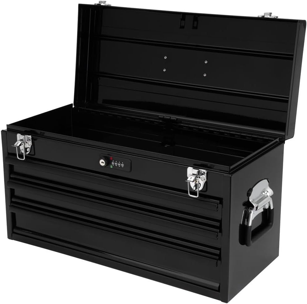 Tusk 3 Drawer Shop Tool Box with Resettable Combo Lock – Portable Metal Storage Box for Tools and Shop Organization