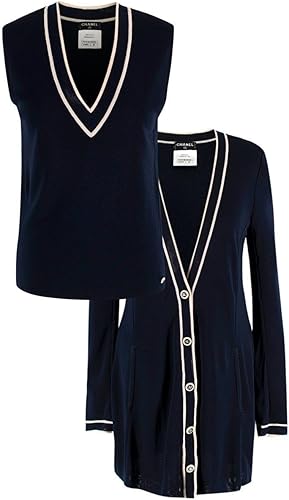 Chanel Top y Cárdigan de Dos Piezas en Azul Marino y Blanco de Segunda Mano