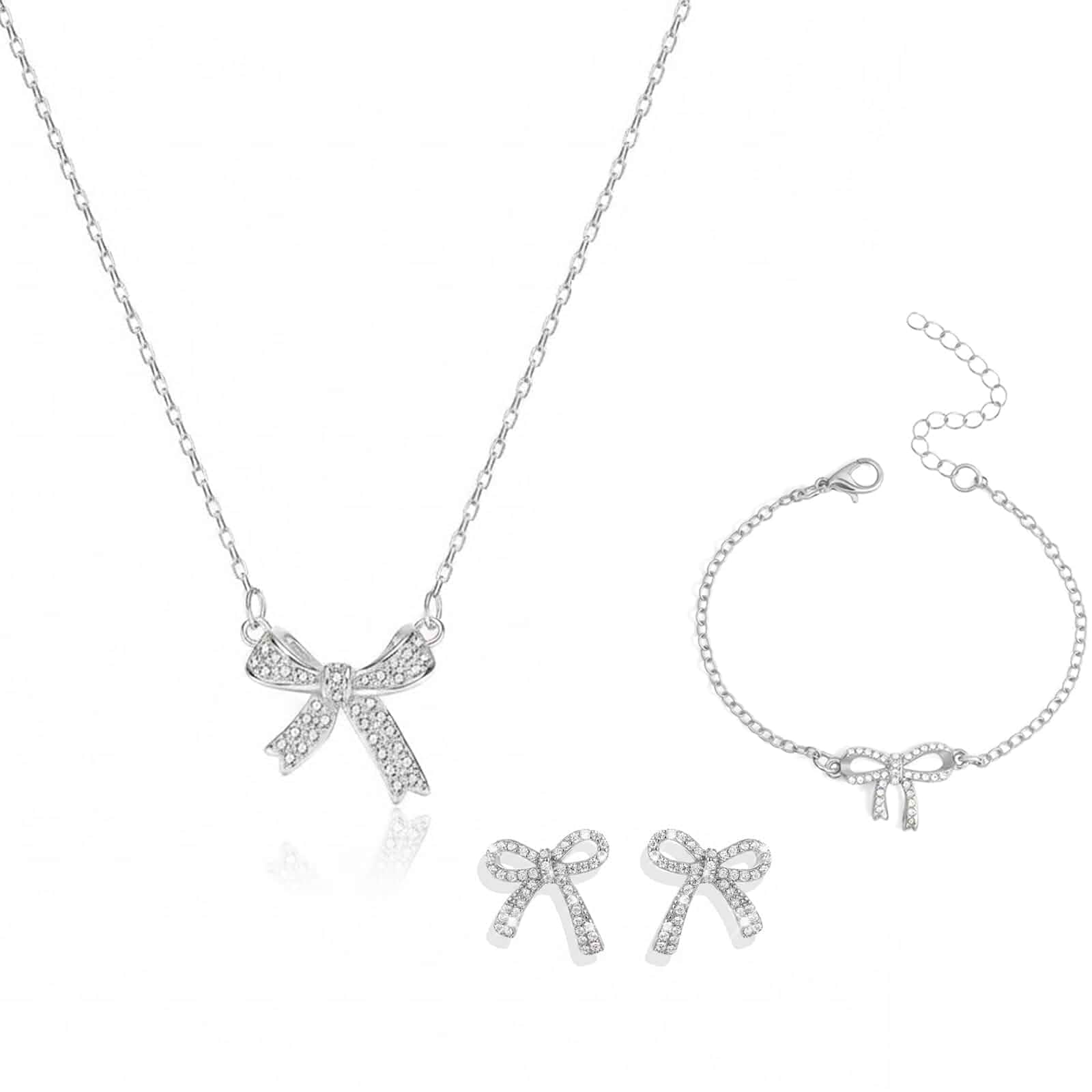 3 PCS Bow Jewelry Set, Necklace Bracelet Earrings with Rhinestone Bow necklace, bracelet & earrings,radiant rhinestone ribbon-knot design,prom & party wear,gift-ready keepsake set