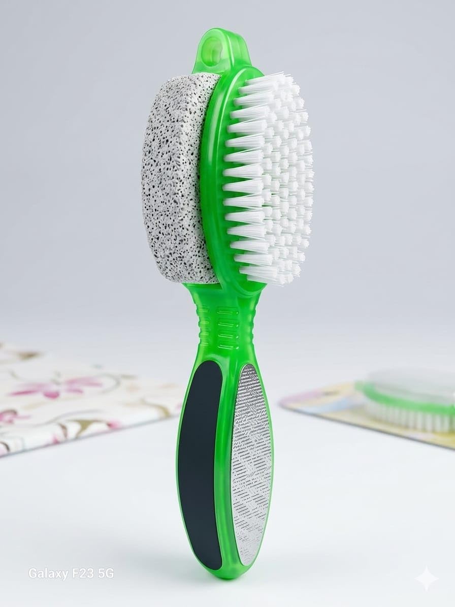 4-in-1 Foot Care Brush with Pumice Stone, Scrubber and Nail Filer, Green, Pedicure Tool-image-1