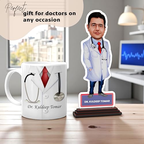 Image of SAVRI Personalized Acrylic Doctor Caricature 6x8 Inch with Customized Name Mug | Unique Medical Professional Gift, Doctor Desk Decor, Birthday, Graduation & Clinic Inauguration Gift